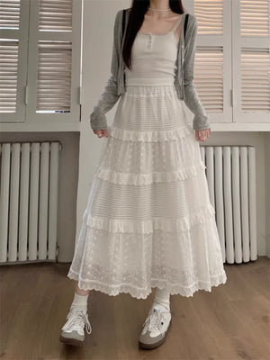 VILZSTUDIOS Elegant White Lace Patchwork Midi Skirt