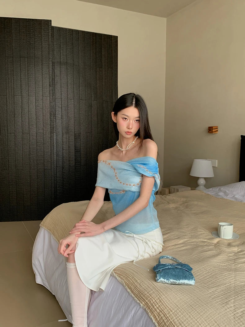 VILZSTUDIOS Blue Tie Dye Off Shoulder Blouse