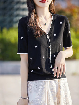 VILZSTUDIOS Embroidered Casual V-Neck Light Cardigan