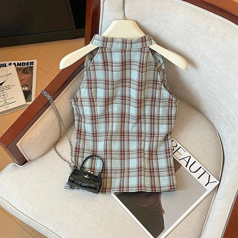 VILZSTUDIOS Retro Plaid Sleeveless V-Neck Shirt