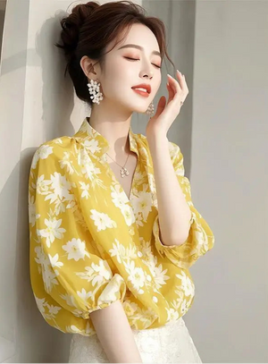 VILZSTUDIOS Unique Yellow Floral Printed Women's Shirt