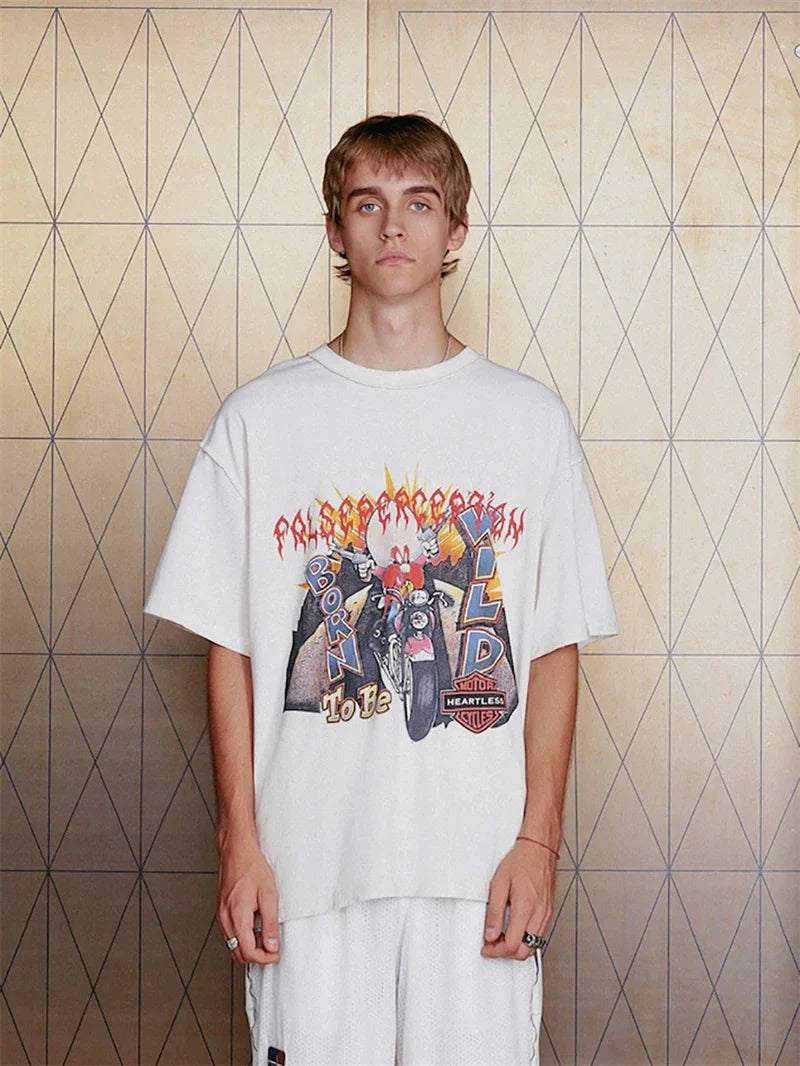 VILZSTUDIOS Racing Anime Print Vintage Loose T-Shirt