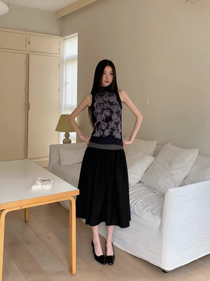 VILZSTUDIOS Floral Black Sleeveless Turtleneck Tank Top