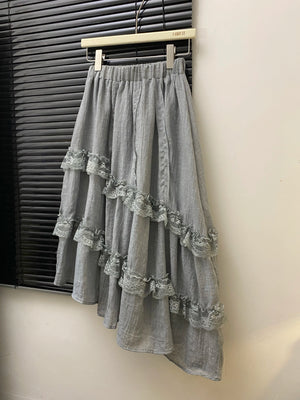 VILZSTUDIOS Gray Lace Patchwork High Waist Skirt