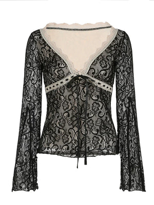 VILZSTUDIOS Floral Lace Tie Front Flounce T-Shirt