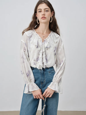 VILZSTUDIOS Elegant Wisteria Floral V-Neck Blouse