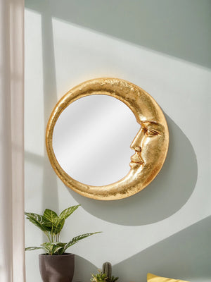 VILZSTUDIOS 1PC, resin material gold face meniscus round decorative hanging mirror, decorative home art pendant, creative makeup mirror.