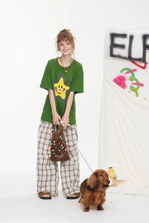 VILZSTUDIOS Smiley Star Print Short Sleeve Casual T-Shirt