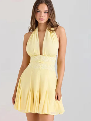 VILZSTUDIOS Yellow Lace Halter Backless Mini Dress