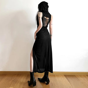 VILZSTUDIOS Gothic Sleeveless Ruffles Mesh Midi Dress