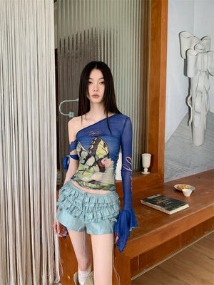 VILZSTUDIOS Blue Butterfly Mesh Off Shoulder Long Sleeve Top