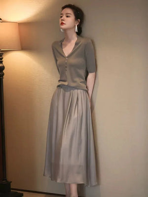 VILZSTUDIOS Elegant French Silk A-Line Midi Skirt