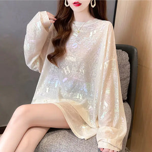 VILZSTUDIOS Chic Korean Sequined O-Neck T-Shirt