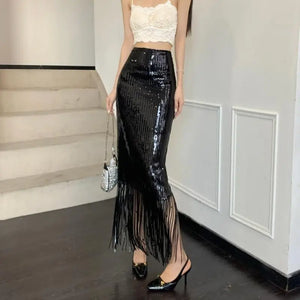 VILZSTUDIOS Sequin Tassel Bodycon High Waist Skirt