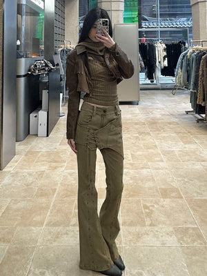 VILZSTUDIOS Vintage Khaki Flare Pants Retro Pants