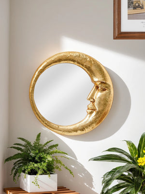VILZSTUDIOS 1PC, resin material gold face meniscus round decorative hanging mirror, decorative home art pendant, creative makeup mirror.
