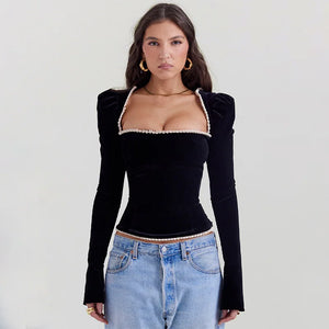 VILZSTUDIOS Black Square Collar Backless Bandage T-Shirt
