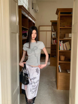 VILZSTUDIOS Stylish Grey Summer Short Sleeve T-Shirt With Lace Midi Skirt