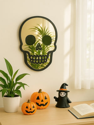 VILZSTUDIOS Halloween Skull Shaped Acrylic Wall Mirror Black Frame Wall Hanging Golden Decorative Mirror for Home Living Room & Bedroom Gift