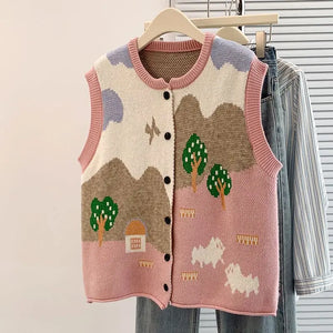 VILZSTUDIOS Oversized Jacquard Knit Sleeveless Cardigan
