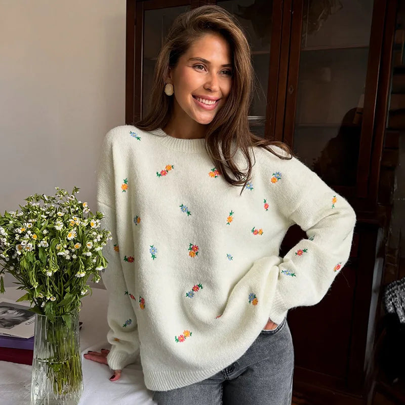 VILZSTUDIOS Floral Embroidered Knitted Sweater