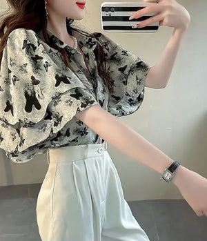 VILZSTUDIOS Light Butterfly Print Short-Sleeve Blouse
