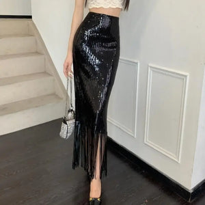 VILZSTUDIOS Sequin Tassel Bodycon High Waist Skirt