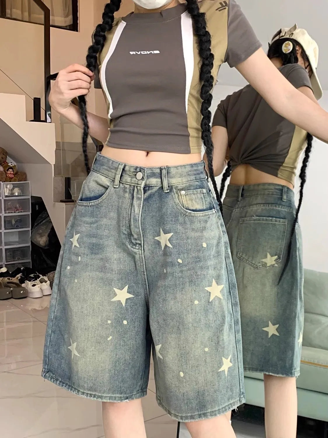 VILZSTUDIOS Vintage High Waist Wide Leg Capri Shorts
