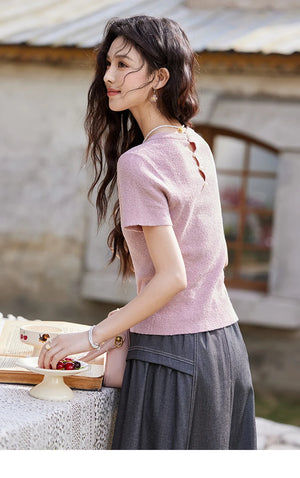VILZSTUDIOS Pearl Buckle Knitted Short Sleeve T-Shirt