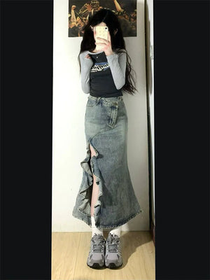 VILZSTUDIOS Chic Blue Mermaid Denim Skirt Womens