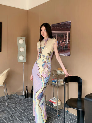 VILZSTUDIOS Elegant Vintage Floral Mesh Sleeveless Dress