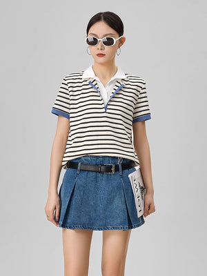 VILZSTUDIOS Striped Polo V-Neck Knit T-Shirt