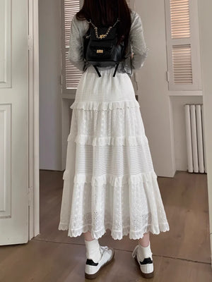 VILZSTUDIOS Elegant White Lace Patchwork Midi Skirt