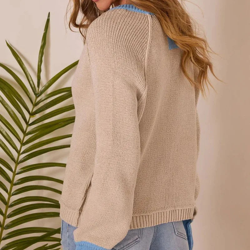 VILZSTUDIOS Cozy Patchwork Round Neck Cardigan