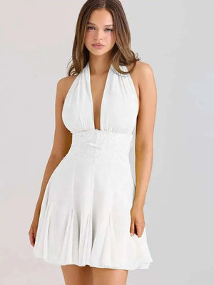 VILZSTUDIOS Yellow Lace Halter Backless Mini Dress