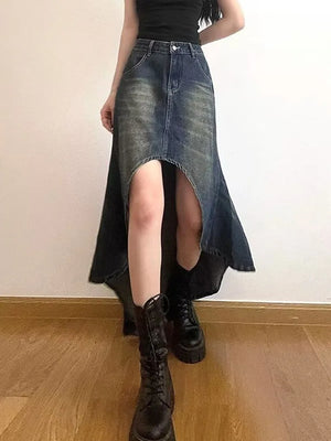 VILZSTUDIOS Blue Asymmetrical Denim Skirt