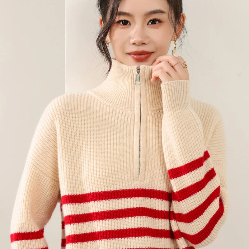 VILZSTUDIOS Warm Wool Striped High Collar Sweater