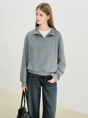 VILZSTUDIOS Cozy Plaid Stand Collar Sweatshirt