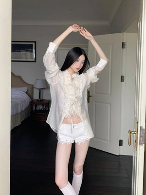 VILZSTUDIOS Ruffled Sheer Long Sleeve Designer Shirt