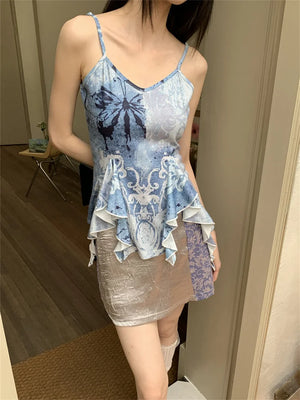 VILZSTUDIOS Blue Ruffles V-Neck Tank Top With Grey Mini Skirt