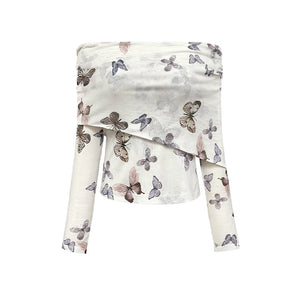 VILZSTUDIOS Butterfly Long Off Shoulder Sleeve Mesh Blouse