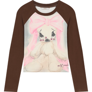 VILZSTUDIOS Cozy Rabbit Print Raglan T-Shirt