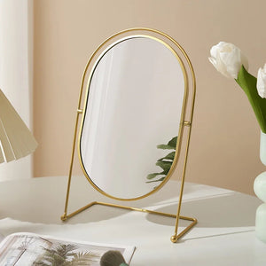VILZSTUDIOS 360°Rotate Oval Makeup Mirror Nordic Brass Gold Metal Retro Dressing Desktop Bedroom Square Round Dormitory Makeup Mirror