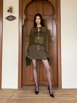 VILZSTUDIOS Elegant Green Sheer Blouse & Mini Skirt