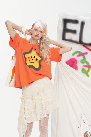 VILZSTUDIOS Smiley Star Print Short Sleeve Casual T-Shirt