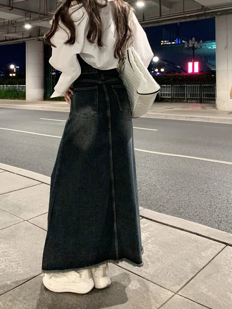 VILZSTUDIOS Vintage High Waist Denim Maxi Skirt