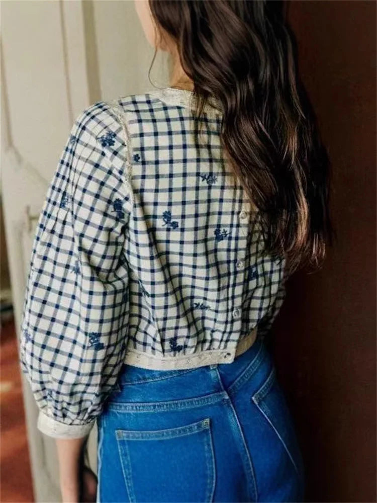 VILZSTUDIOS Rustic Floral Embroidered Plaid Blouse