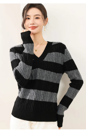 VILZSTUDIOS Cozy Wool Color Block V-Neck Sweater