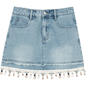 VILZSTUDIOS Stylish Shell Tassel Denim Mini Skirt