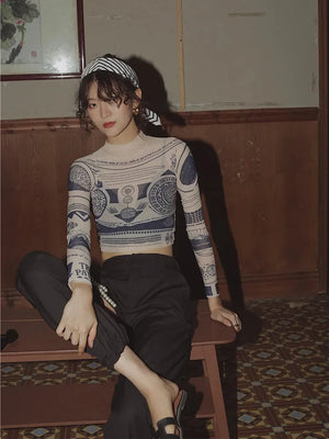 VILZSTUDIOS Sheer Nude Mesh Long Sleeve Crop Top
